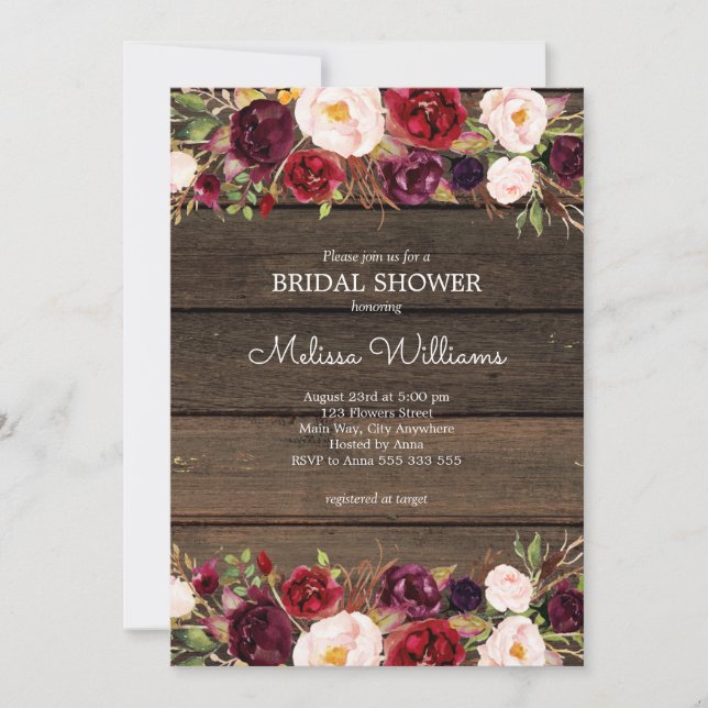 Burgundy Floral Rustic Barn Wood Brautparty Einladung (Vorderseite)