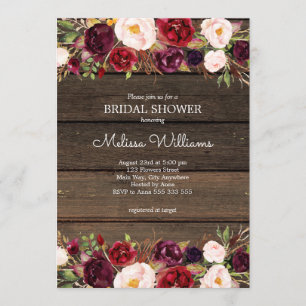 Burgundy Floral Rustic Barn Wood Brautparty Einladung