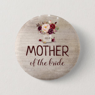 Burgundy Floral Rustic Mason Jar Wedding Button