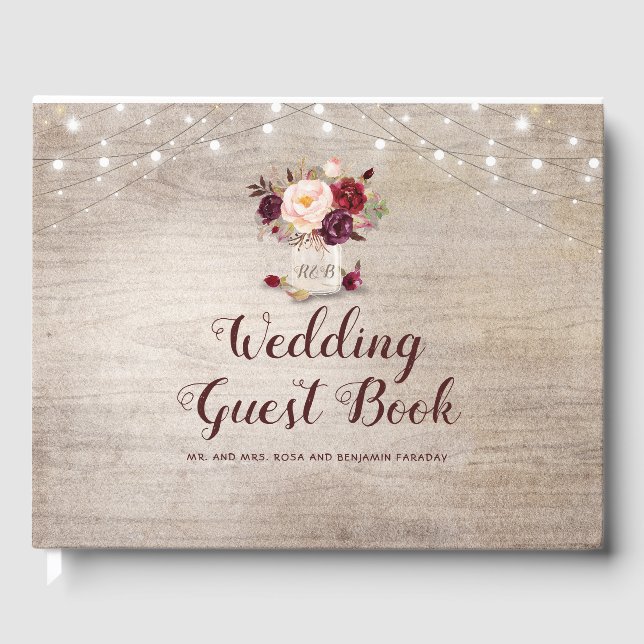 Burgundy Floral Rustic Mason Jar Wedding Gästebuch (Vorderseite)