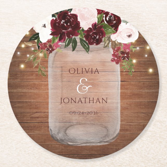 Burgundy Floral Rustic Mason Jar Wedding Runder Pappuntersetzer (Vorderseite)
