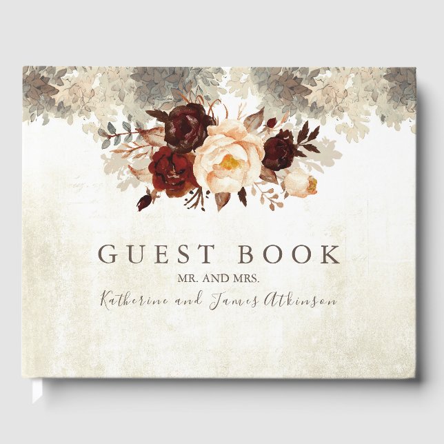 Burgundy Floral Rustic Wedding Gästebuch (Vorderseite)