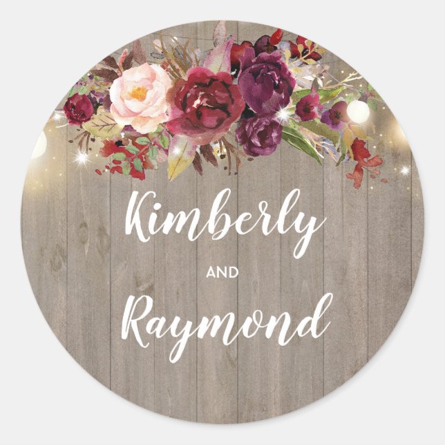 Burgundy Floral Rustic Wedding Runder Aufkleber (Vorderseite)