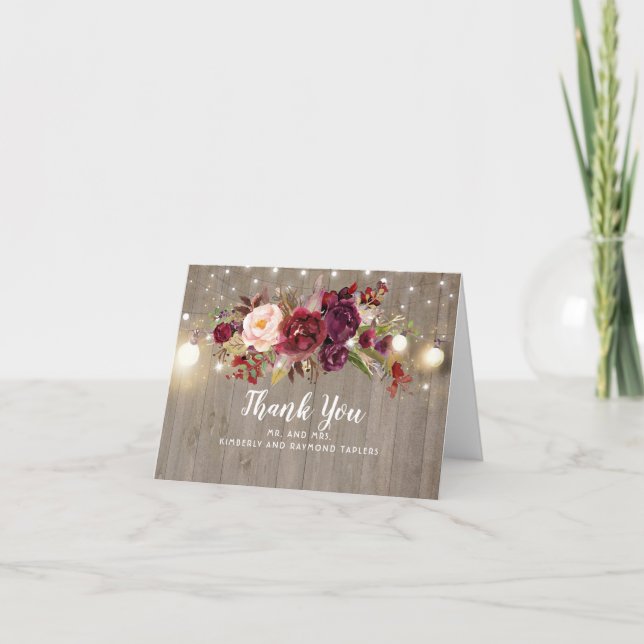 Burgundy Floral Rustic Wedding Vielen Dank Dankeskarte (Vorderseite)