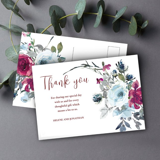 Burgundy Floral Rustic Wedding Vielen Dank Postkarte (Burgundy Floral Rustic Wedding Thank You Postcard)