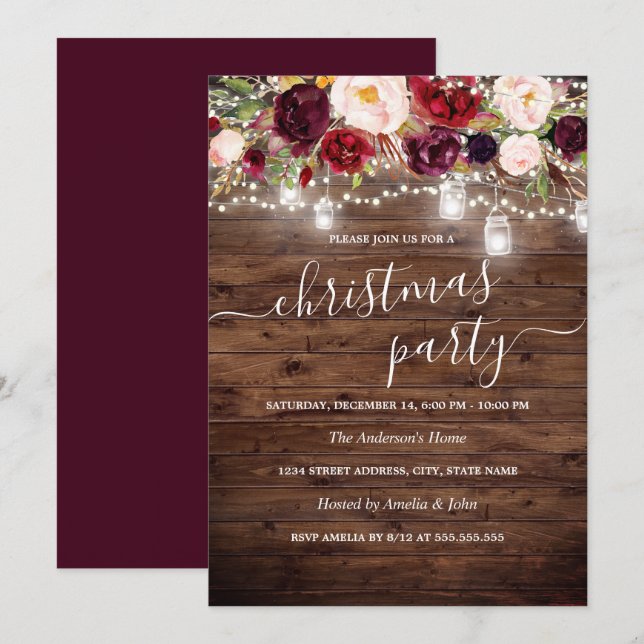 Burgundy Floral Rustic Wohnen Weihnachtsfest Party Einladung (Vorne/Hinten)