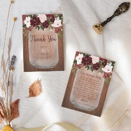 Burgundy Floral Rustic Wood Mason Jar Wedding Dankeskarte