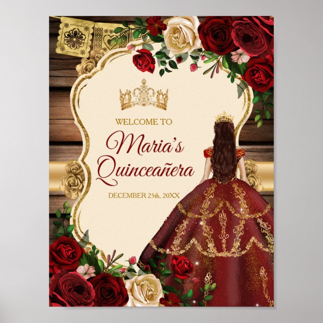 Burgundy Floral Rustic Wood Mis Quince Willkommen Poster (Vorne)