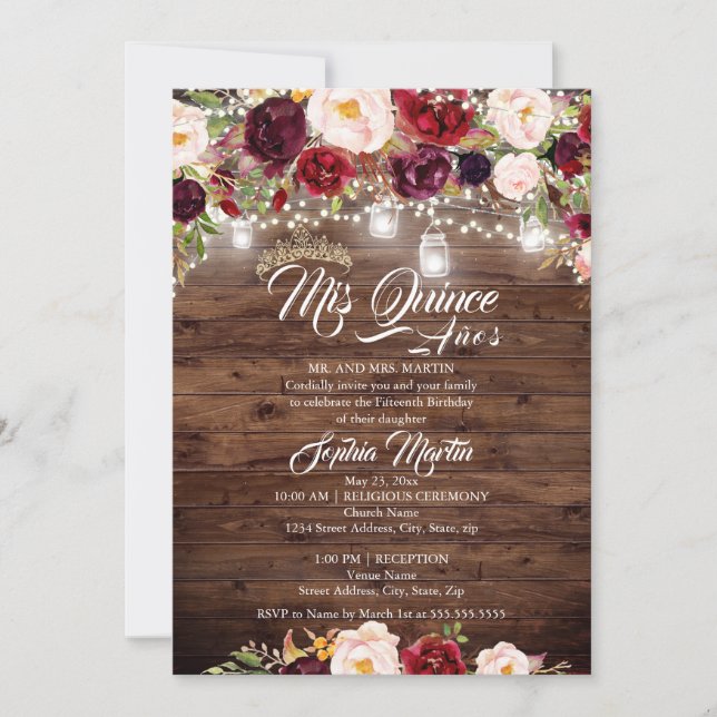 Burgundy Floral Rustic Wood Quinceanera Einladung (Vorderseite)