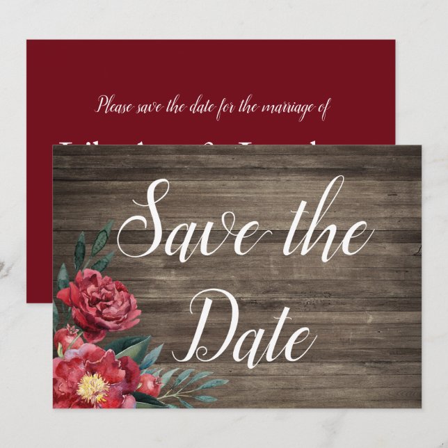 Burgundy Floral Rustic Wood Save the Date Karte (Vorne/Hinten)