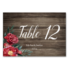 Burgundy Floral Rustic Wood Wedding Tischnummer