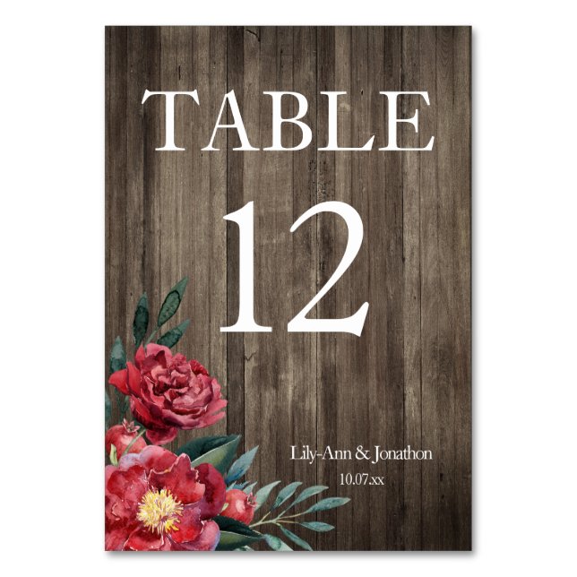 Burgundy Floral Rustic Wood Wedding Tischnummer (Vorderseite)