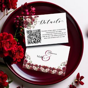 Burgundy Floral Script QR Code Hochzeitdetails Begleitkarte