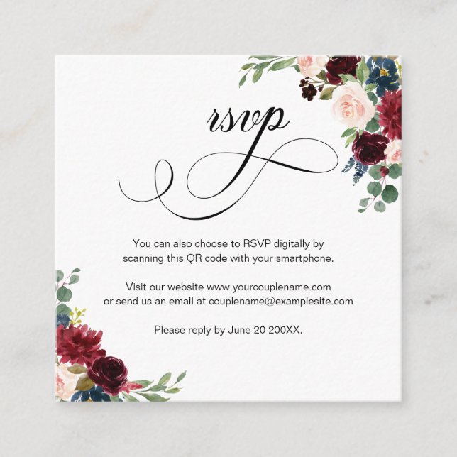 Burgundy Floral Script QR Code Wedding RSVP Card Begleitkarte (Vorderseite)