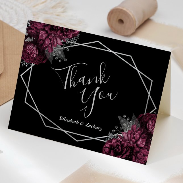Burgundy Floral Silver Black Geometric Wedding Dankeskarte (Von Creator hochgeladen)