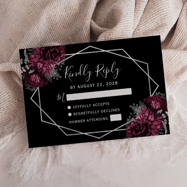 Burgundy Floral Silver Frame Black RSVP Card (Von Creator hochgeladen)