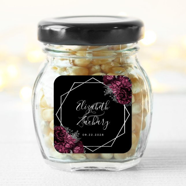 Burgundy Floral Silver Geometric Black Wedding Quadratischer Aufkleber (Von Creator hochgeladen)