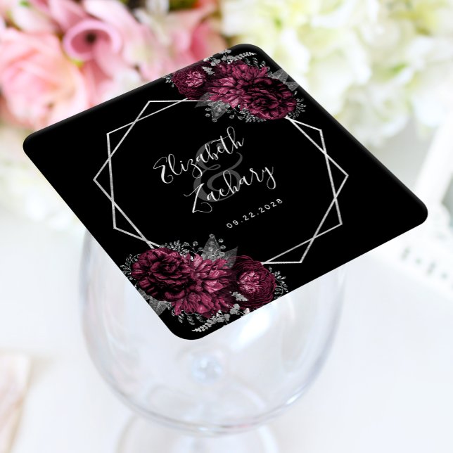 Burgundy Floral Silver Geometric Black Wedding Rechteckiger Pappuntersetzer (Von Creator hochgeladen)