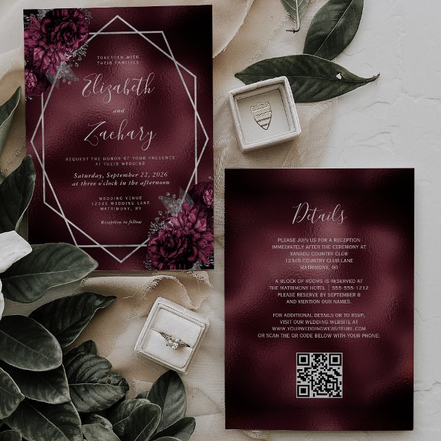 Burgundy Floral Silver Geometric QR Code Wedding Einladung (Von Creator hochgeladen)