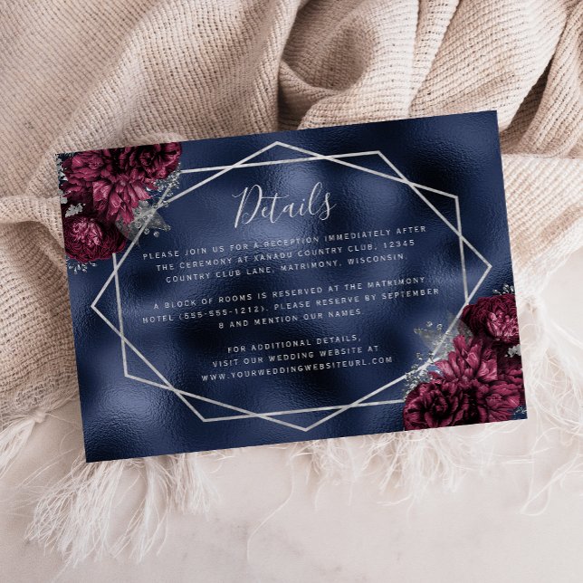 Burgundy Floral Silver Navy Blue Wedding Details Begleitkarte (Von Creator hochgeladen)