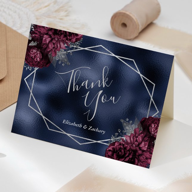 Burgundy Floral Silver Navy Foil Geometric Wedding Dankeskarte (Von Creator hochgeladen)
