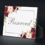Burgundy Floral Silver Reserviert 12x18 Table Fotoplatte<br><div class="desc">Aquarellblume Burgundy Marsala Silver Wedding Reservierte 12x18 Table Plaque</div>