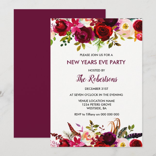 Burgundy Floral Silvester Party laden Einladung (Vorne/Hinten)