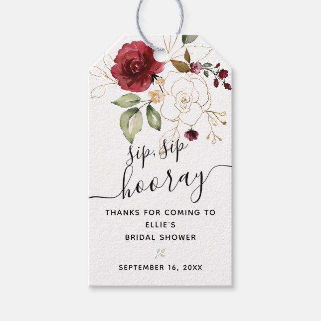 Burgundy Floral Sip Hooray Gefallen Brautparty Geschenkanhänger (Vorderseite)