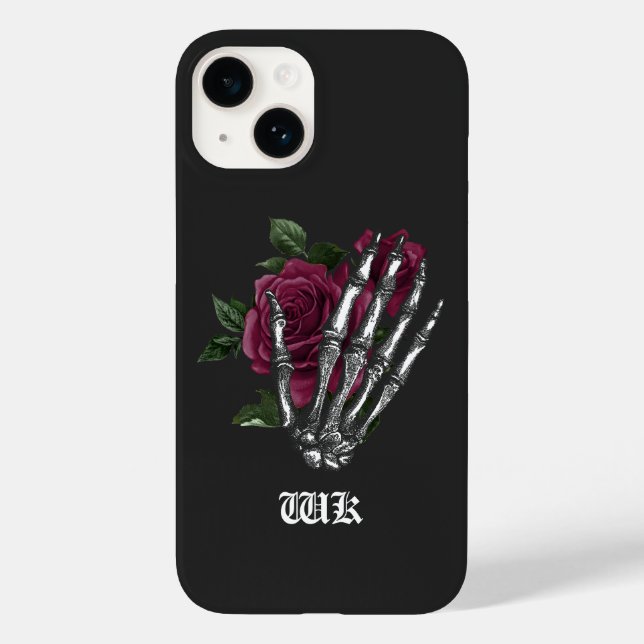 Burgundy Floral Skeleton Gothic Case-Mate iPhone 14 Hülle (Rückseite)