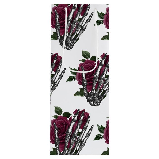 Burgundy Floral Skeleton Gothic Halloween Hochzeit Geschenktüte Für Weinflaschen (Vorderseite)
