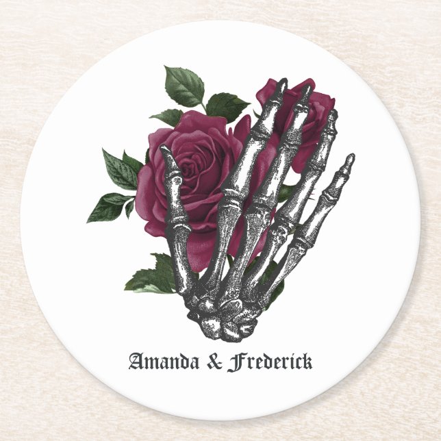 Burgundy Floral Skeleton Gothic Halloween Hochzeit Runder Pappuntersetzer (Vorderseite)