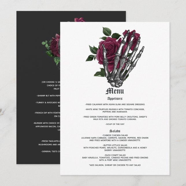 Burgundy Floral Skeleton Gothic Wedding Menükarte (Vorne/Hinten)