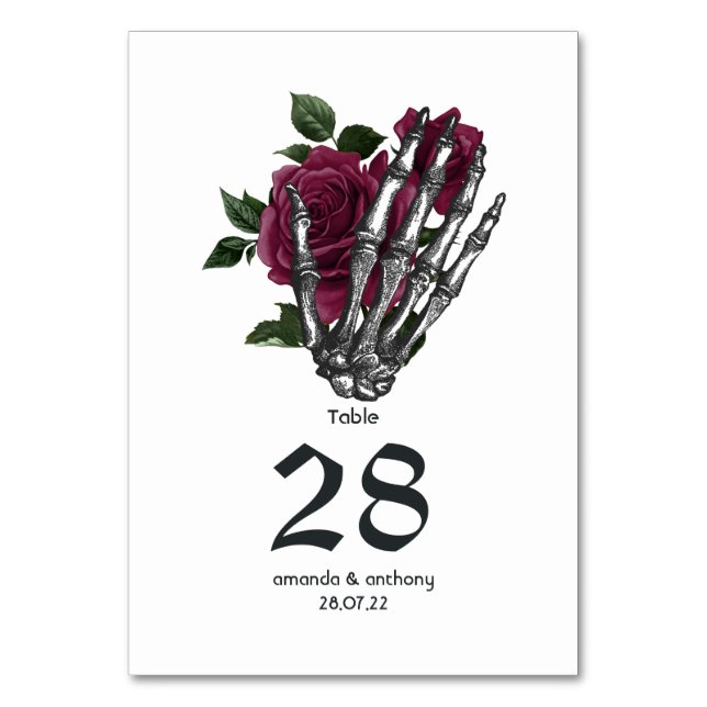 Burgundy Floral Skeleton Gothic Wedding Tischnummer (Vorderseite)