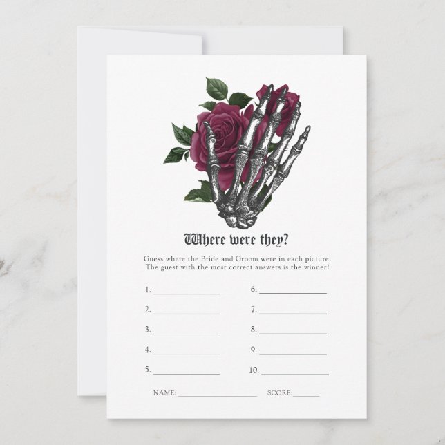 Burgundy Floral Skelett Gothic Wedding Game Einladung (Vorderseite)