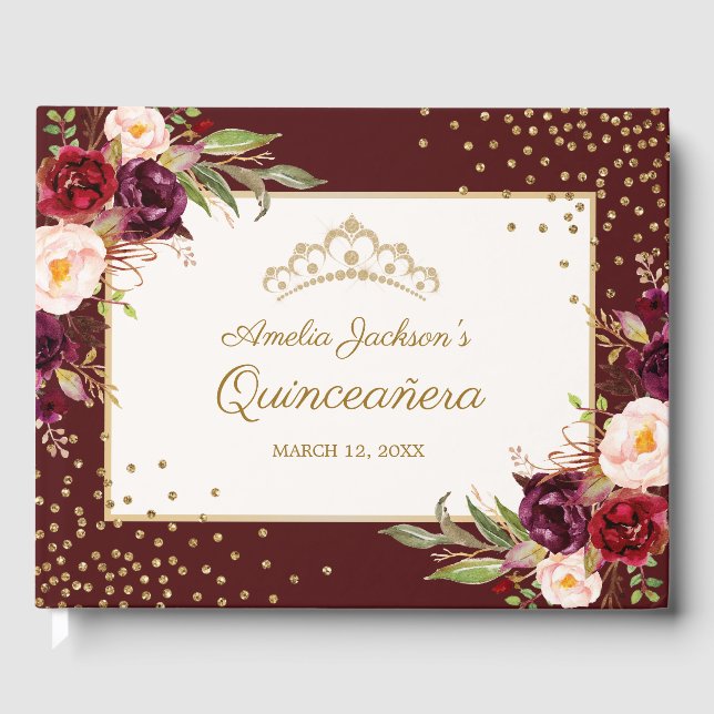 Burgundy floral Sparkle Quinceanera Gästebuch (Vorderseite)