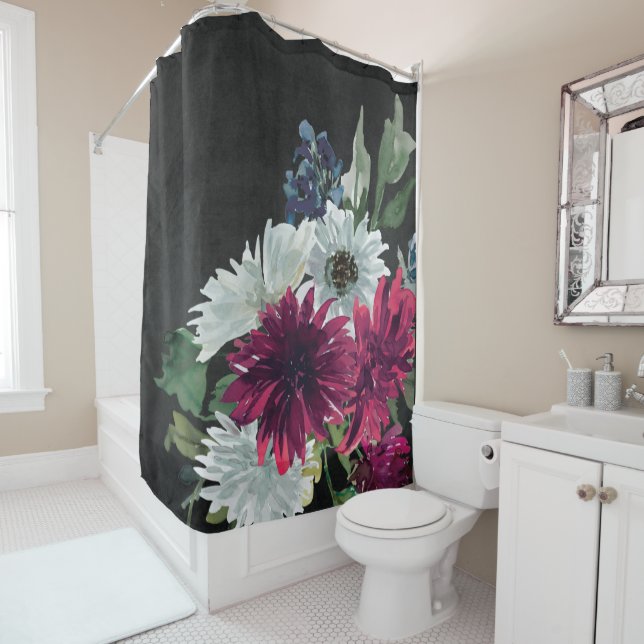 Burgundy-Floral-Splash auf beängstigend schwarz Duschvorhang (Beispiel)