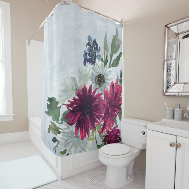 Burgundy Floral Splash on Gray Duschvorhang (Beispiel)