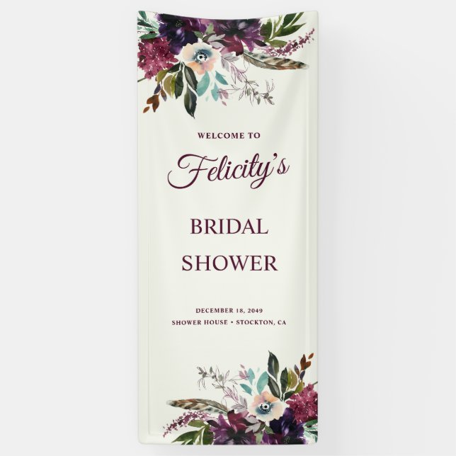Burgundy Floral Splendor Ecru Brautparty Banner (Vertikal)