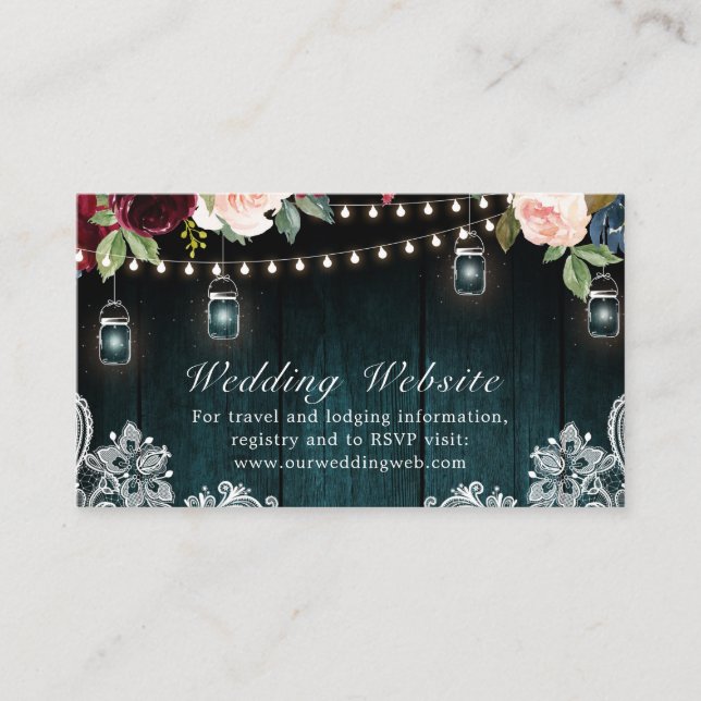 Burgundy Floral String lights Mason Jar Wedding E Begleitkarte (Vorderseite)