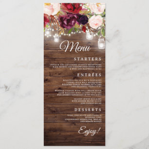 Burgundy Floral String Lights Menu Mariage Dîner