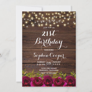 Burgundy floral String Lights Wood 21. Geburtstag Einladung