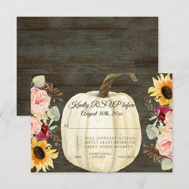 Burgundy Floral Sunflower n Pumpkin Dark Wood UAWG Einladung (Vorne/Hinten)