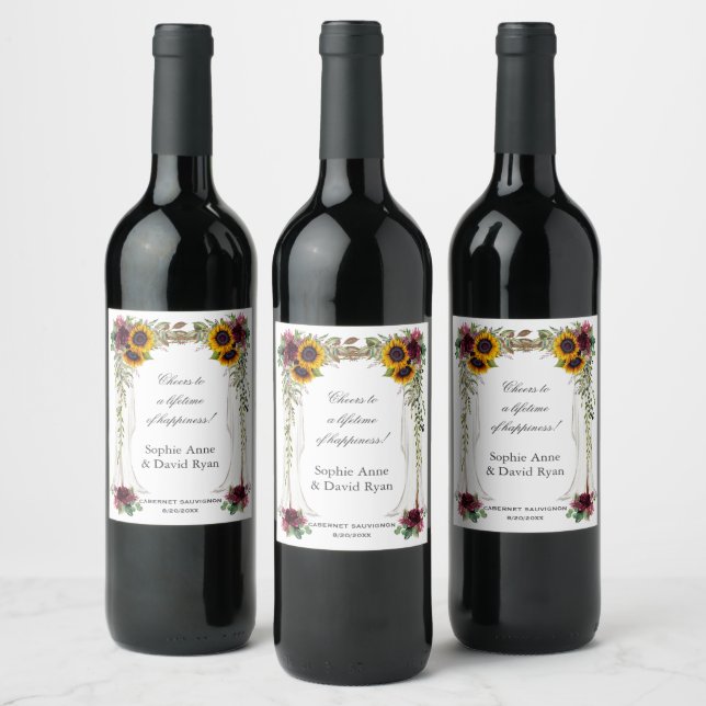 Burgundy Floral Sunflowers Canopy Wedding Weinetikett (Flaschen)