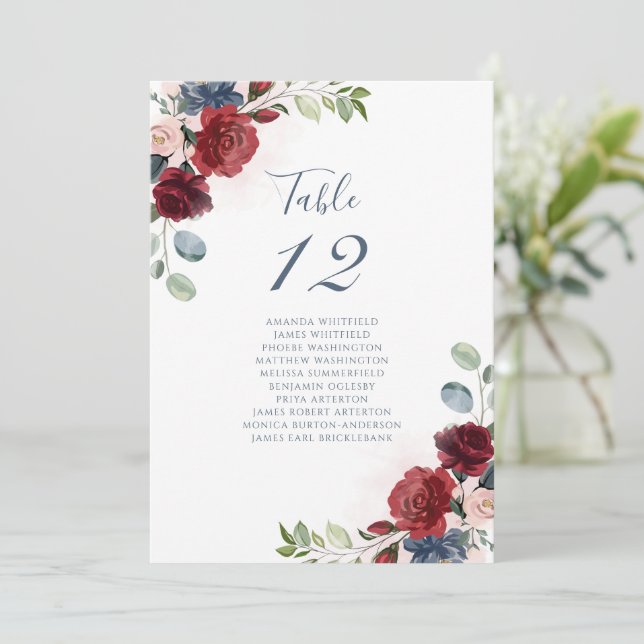 Burgundy Floral Tischnummer 12 Seating Chart (Stehend Vorderseite)