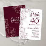 Burgundy Floral Überraschung 40. Geburtstag Einladung<br><div class="desc">Burgunder Maroon und Weiß Überraschung 40. Geburtstagseinladung. Das elegante,  feminine Marsala-Weindesign besticht durch botanische Akzente und typografischen Schriftart. Elegante florale Einladungskarte perfekt für eine stilvolle weibliche Überraschung am Tag. Gedruckte Zazzle Einladungen oder Sofortdownload digitalen druckbaren Vorlage.</div>