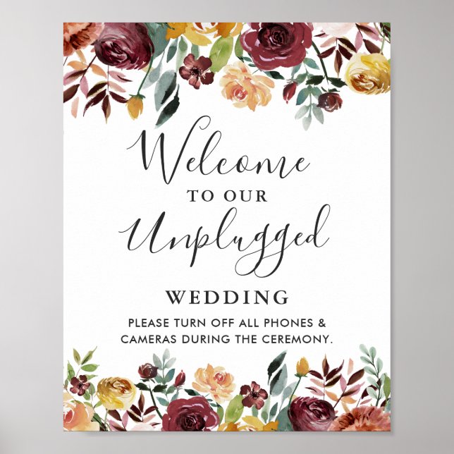 Burgundy Floral Unplugged Wedding Zeremony Sign Poster (Vorne)