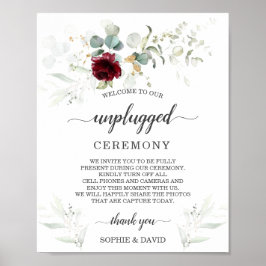 Burgundy Floral Unplugged Wedding Zeremony Sign Poster