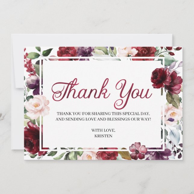 Burgundy Floral Vielen Dank Karte (Vorderseite)