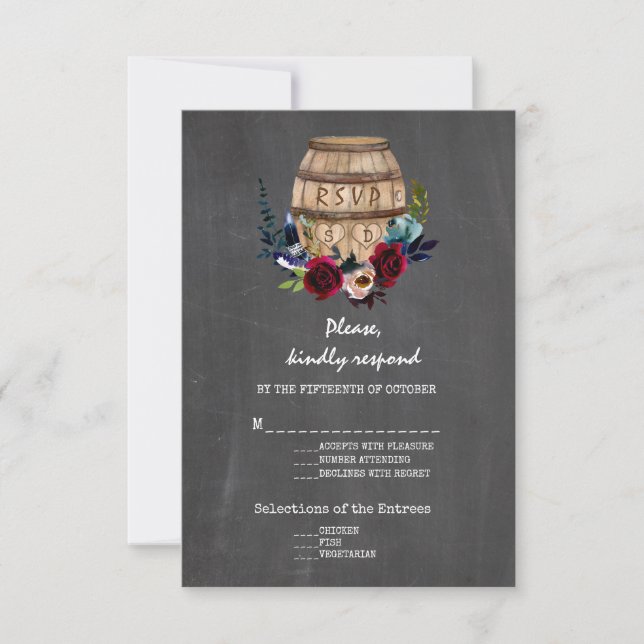 Burgundy Floral Vin Baril Automne Chalkboard RSVP (Devant)