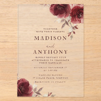 Burgundy Floral Vintage Rose Wedding Acryleinladungen